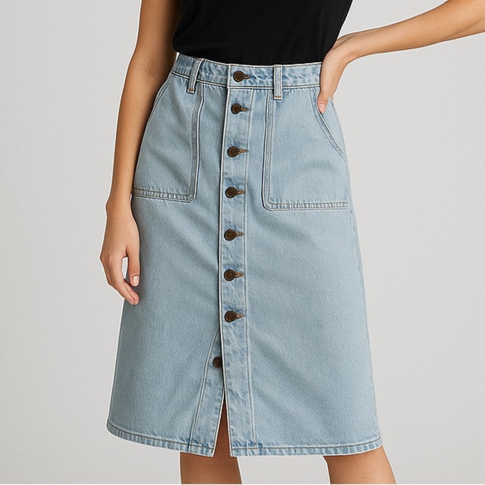 🆕 Happily Grey Button Front Denim Midi Skirt Pockets Party Casual Chic Size 9/28 - Picture 1 of 15